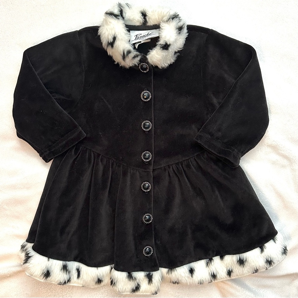 Vintage Panache Velour Sweater Coat Dress Girls 2T Toddler Faux Fur Black White